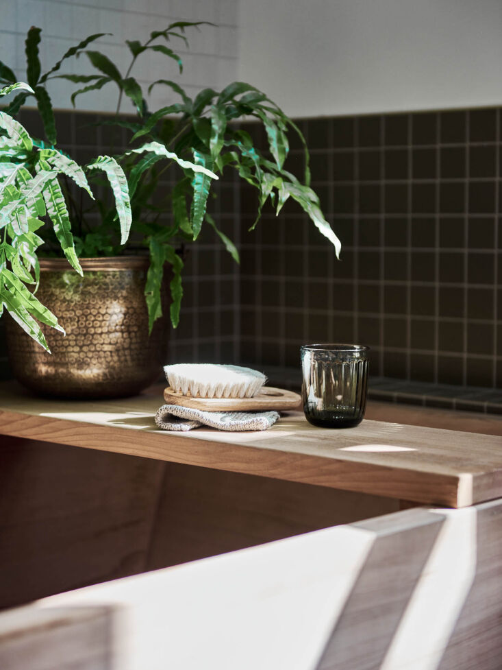 a plank of cedar serves as a handy tub shelf.  the single potted fern adds a p 19