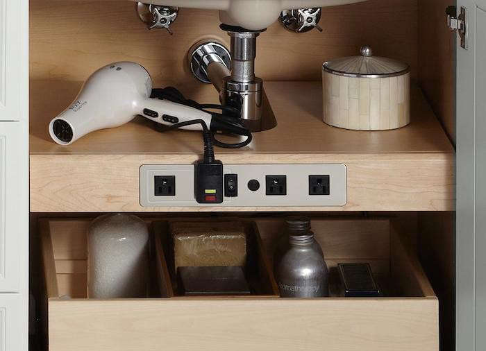 power strips installed in cabinets are perfect for charging and using bathroom  22