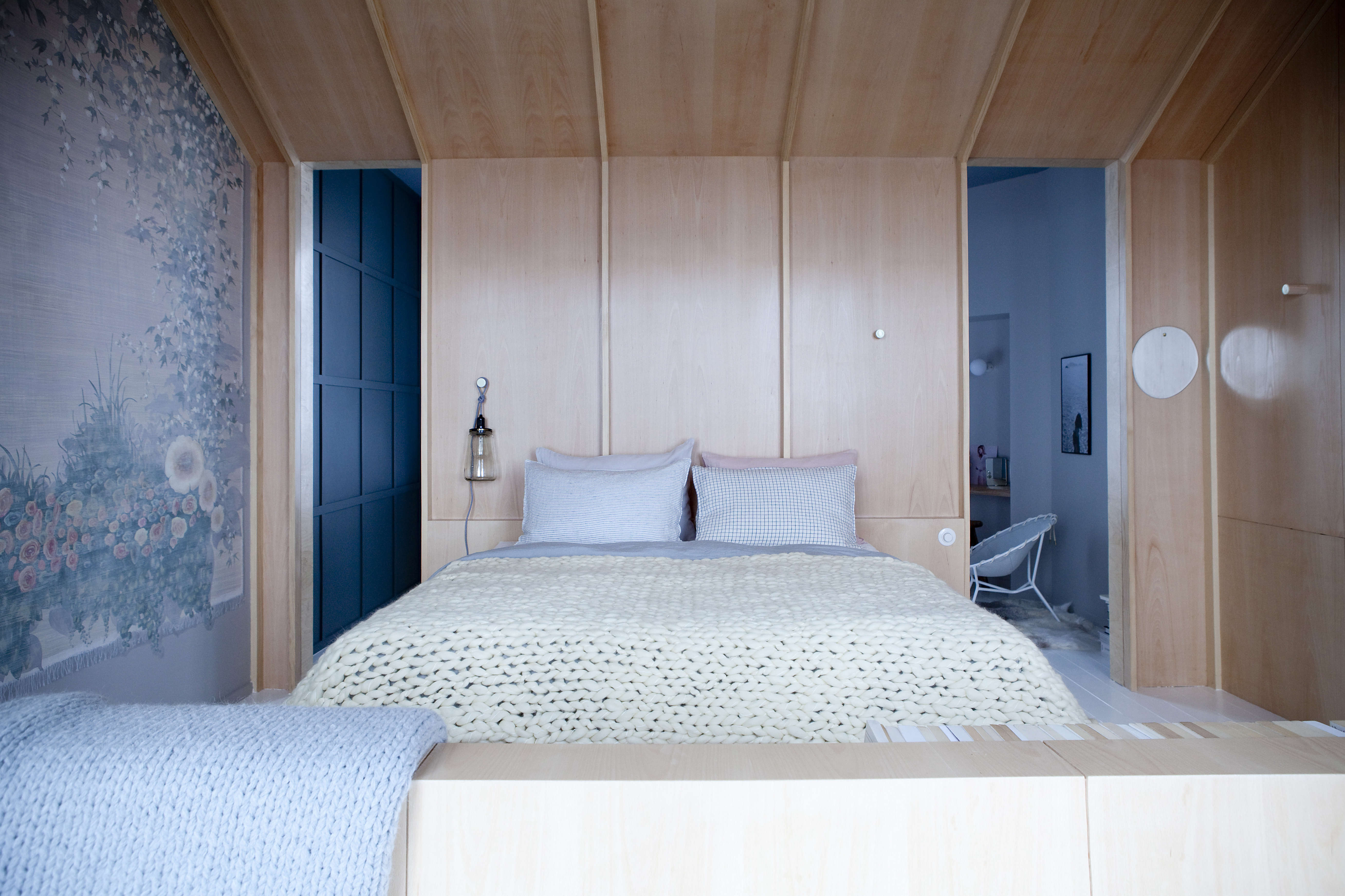 the cabin bedroom with tapestry inspired painted mural at chez marie sixtine, a 25